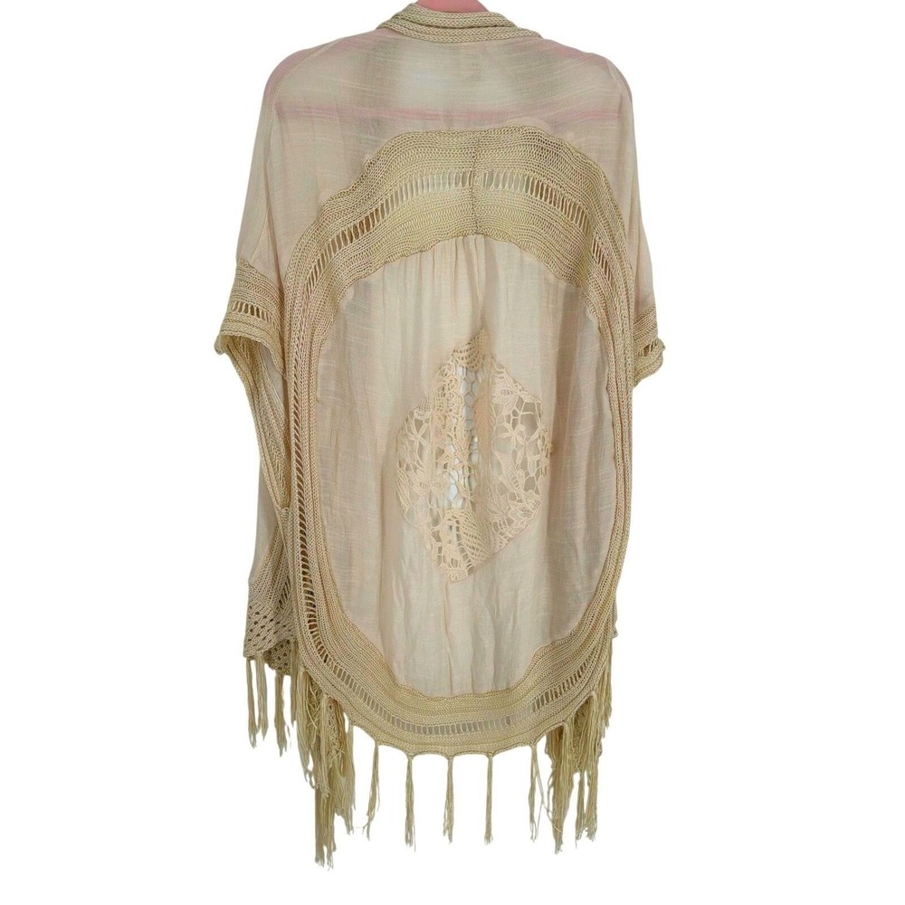 Forgotten Grace Women Beige Crochet Lace Fringe Kimono Cardigan L/XL Boho